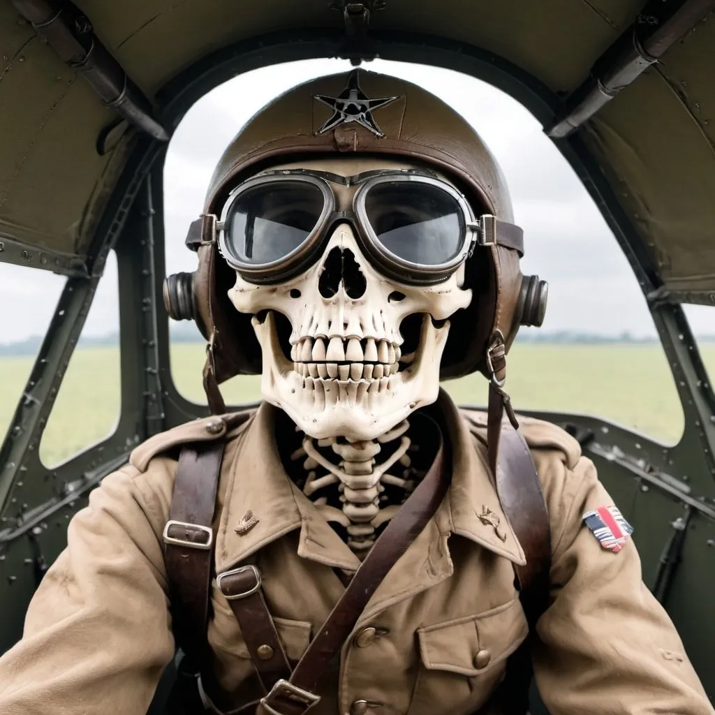 Prompt: A skeleton with goggles in an open air WW2 bomber