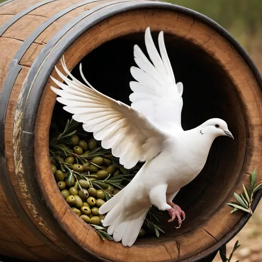 Prompt: The barrel of a shotgun aimed at a white dove carrying a sprig of olive branch in it's beak 