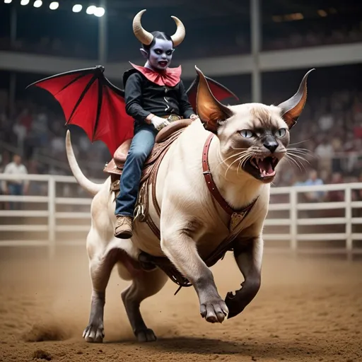 Prompt: A Siamese cat with horns and vampire bat wings rides a bull at a rodeo