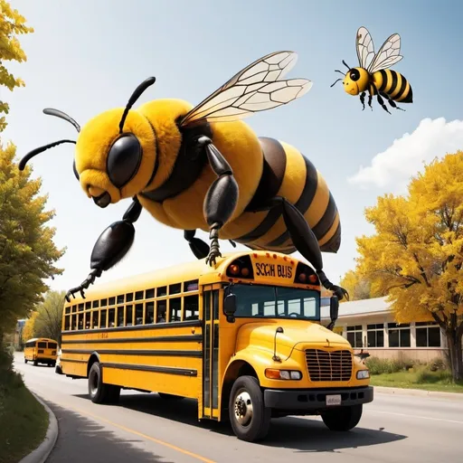 Prompt: A giant bee attacking a school bus 