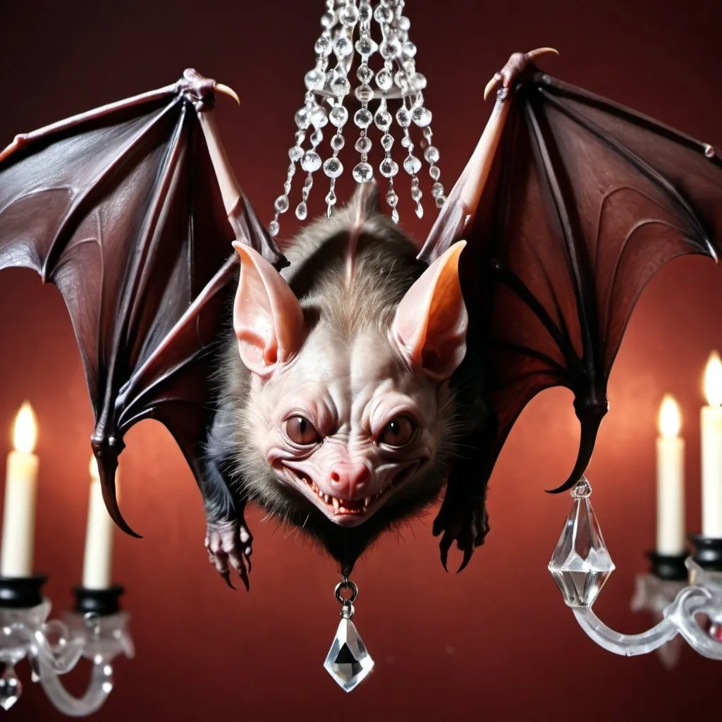 Prompt: A vampire bat hanging from a crystal chandelier detail realism