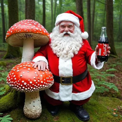 Prompt: A giant amanita muscaria Santa Claus and a coke bottle 