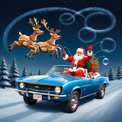 Prompt: Santa in a blue 1966 Camero being pulled by Santa's reindeer in the night sky with bubbles