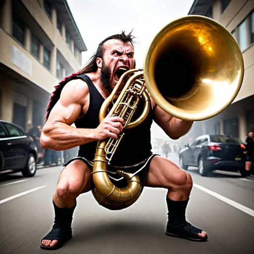 Prompt: A berserker screaming into a tuba