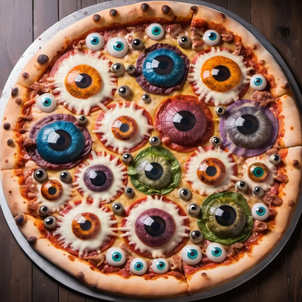 Prompt: A steaming large pizza topped with eyeballs of different colors 