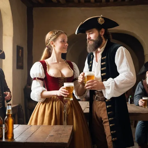 Prompt: A woman in a low cut Renaissance dress serving beer to a bearded man in a tricorn hat
