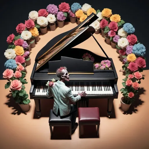 Prompt: Top view of a zombie playing a grand piano on a stage filled with flowers