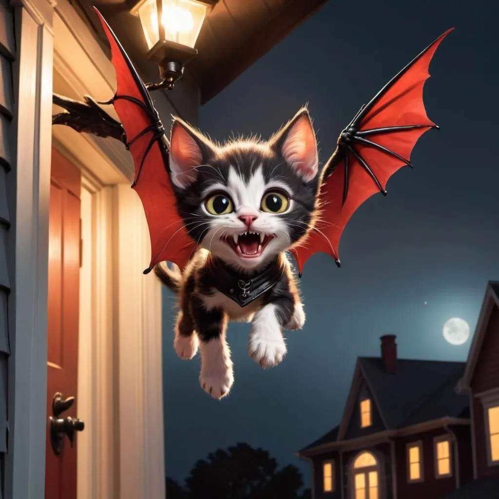 Prompt: A flying kitten with leather wings and vampire teeth hovers near a porch light