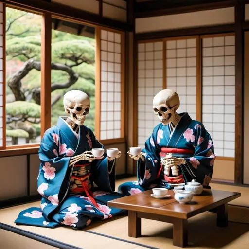 Prompt: Two skeletons wearing kimonos are in a Japanese tea house drinking tea 