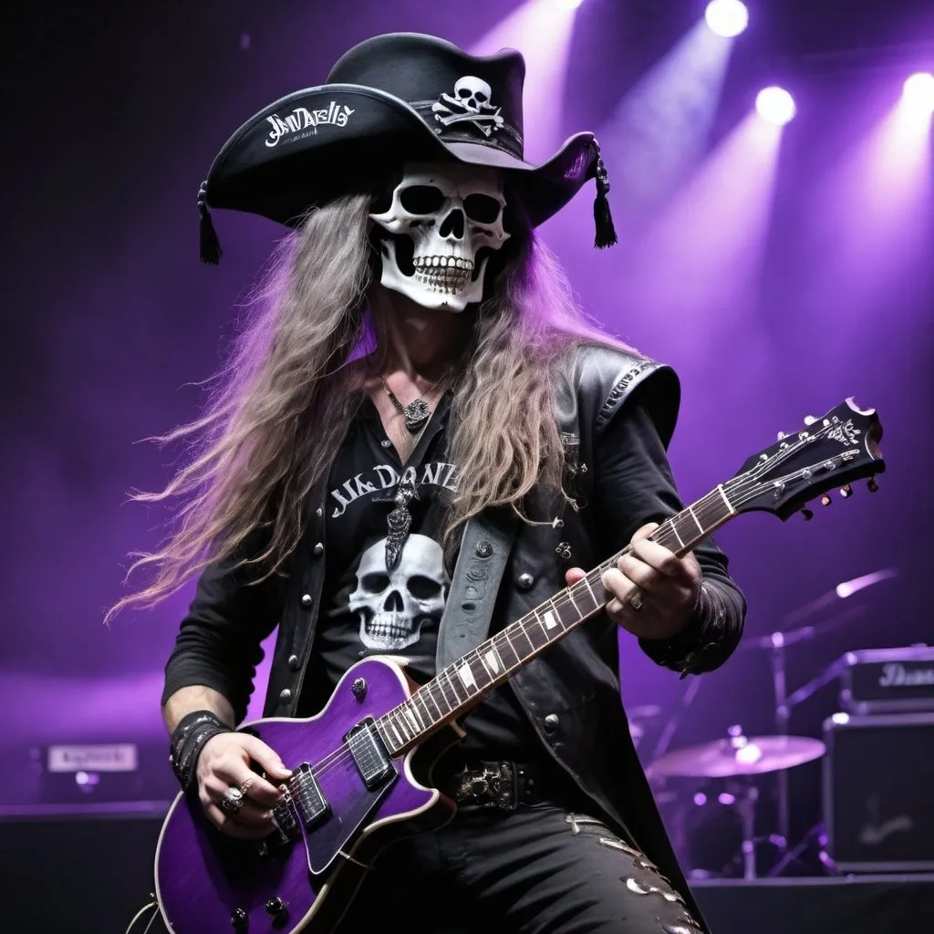Prompt: A heavy metal rock god guitarist on stage with long hair a tricorn hat with skull and bones and bottle of jack Daniels with purple light