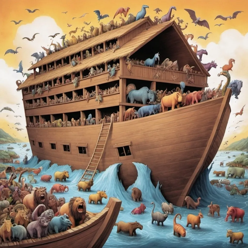 Prompt: Noah's ark being filled with monsters