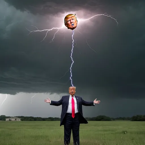 Prompt: Donald Trump is in a field, lying flat on his back flying a eyeball kite in a thunderstorm. Lightning strikes the kite