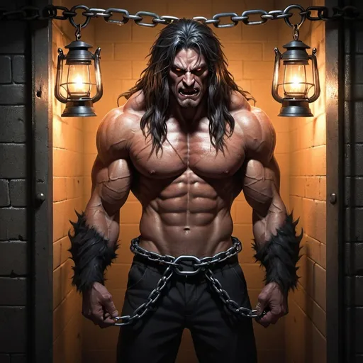 Prompt: A muscular monster with long hair and no shirt is chained to a wall in a cell lit with laterns