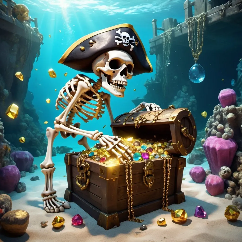 Prompt: A crazed pirate skeleton guards a treasure chest spilling over with gems and gold near an underwater shipwreck 