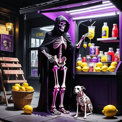 Prompt: The grim reaper in purple and red with tight brush strokes selling lemonade at a black stand with lemons. A skeleton dog sit at his side