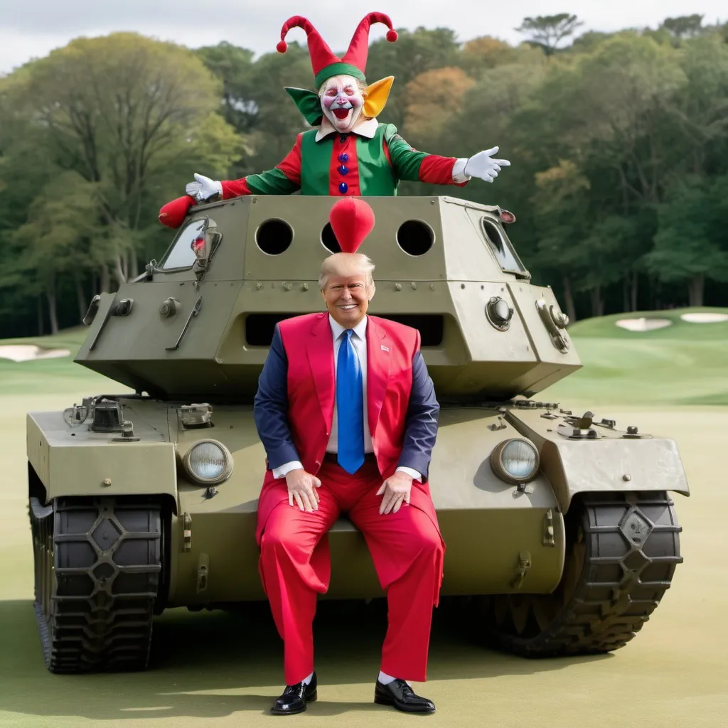 Prompt: Donald Trump, dressed as a jester, is on a golf course. There is a world war 2 military tank next to him,