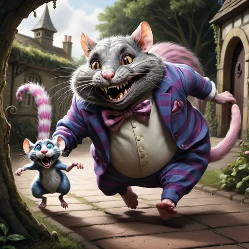 Prompt: In a realistic style a large rat runs away from the grinning Cheshire cat