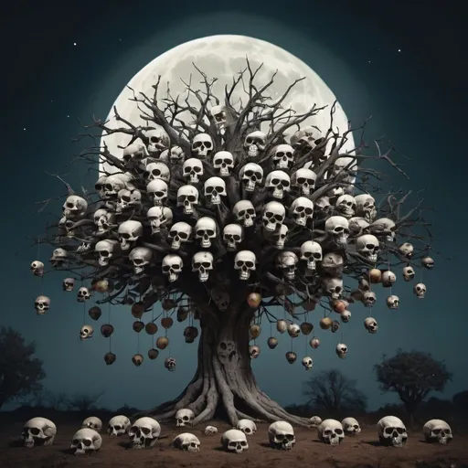 Prompt: A tree full of skulls hanging like fruit under a full moon