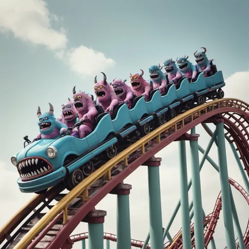 Prompt: A roller coaster with monsters riding in the style of a photograph