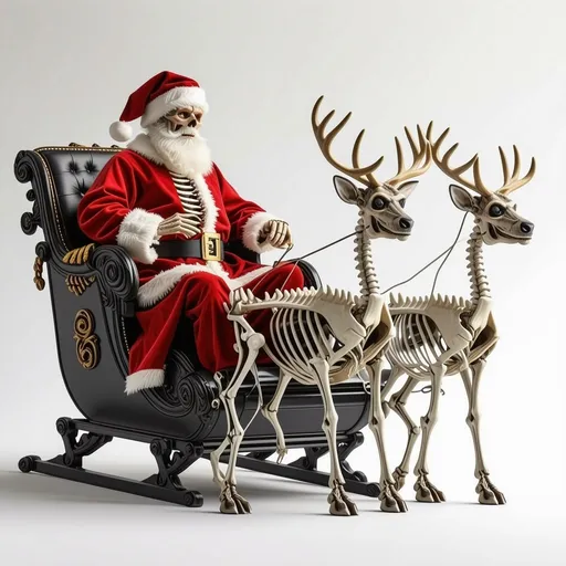 Prompt: Skeleton Santa in a black sleigh with skeleton reindeer 