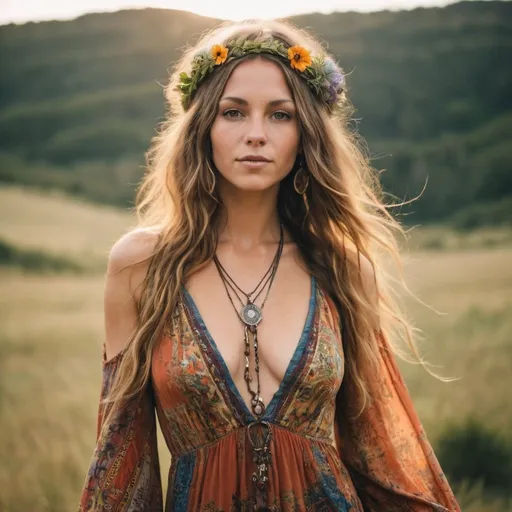 Prompt: A beautiful hippy woman in a low cut Bohemian gown