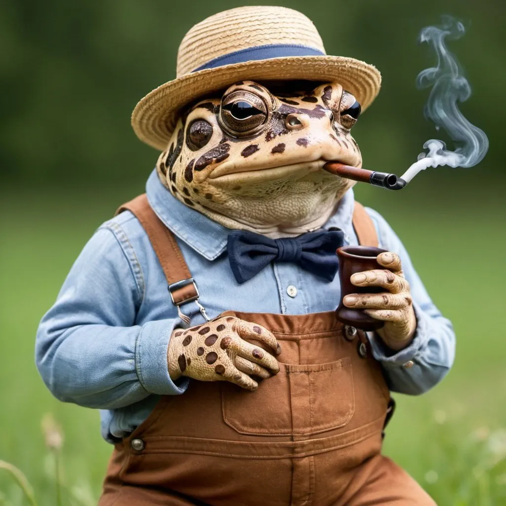 Prompt: A large brown toad smoking a pipe in a straw hat and overalls 