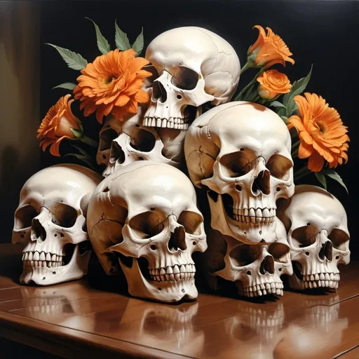 Prompt: A bouquet of skulls on a table, high quality realism 