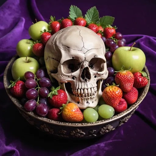 Prompt: A skull bowl holding assorted fruit  strawberries grapes apples on a purple velvet table