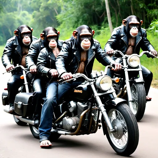 Prompt: A motorcycle gang with chimpanzees in black leather as riders 