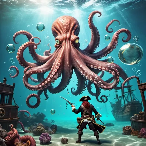 Prompt: A pirate fights a giant octopus under water near a shipwreck  with lots of bubbles 