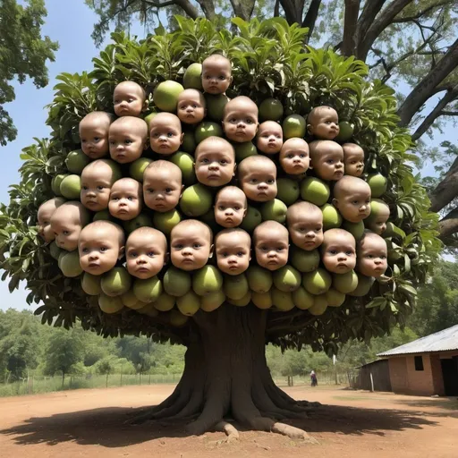 Prompt: A big tree with baby heads as fruit 