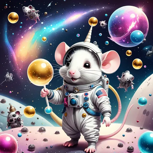Prompt: A mouse in a space suit with a unicorn in space with bubbles and galaxy