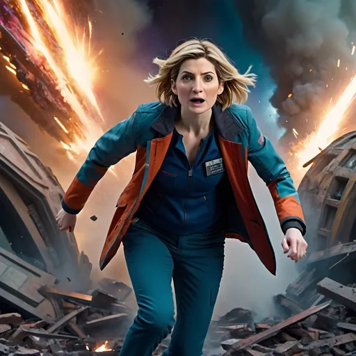 Prompt: Jodie whittaker as Doctor Who, running from an exploding spaceship in the background
