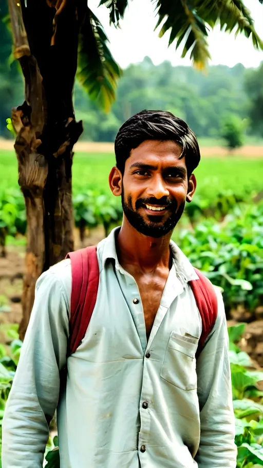 Prompt: This young Indian farmer man who is working in his village farm land.