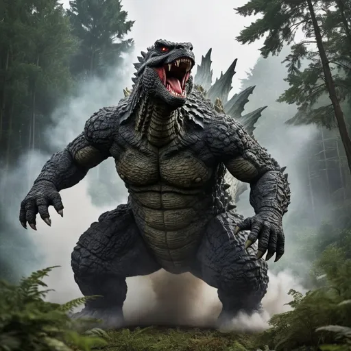 Prompt: angry Godzilla going on rampage in the forest 
 

