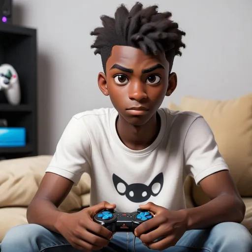 Prompt: A young twenty-year-old black-skinned gamer boy He is a gamer He is well-mannered