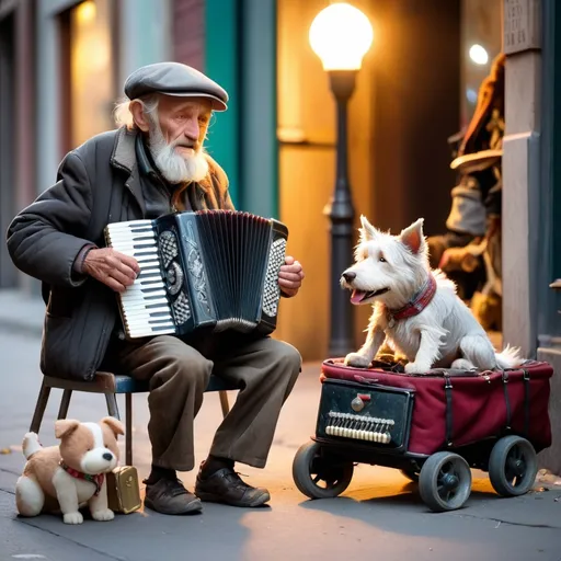 Prompt: a homeless old man playing accordion with a dog and an old baby carriage decorated by  light bulbs 
