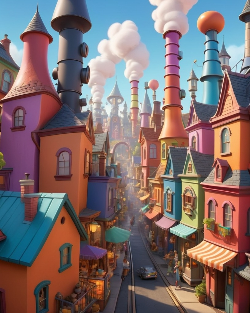 Prompt: [Vertical wide shot, Disney-Pixar style] of a whimsical town called Printopia. Brightly colored houses have chimneys puffing out edible steam, and streets are lined with giant 3D food printers shaped like robots. Families happily collect printed meals from conveyor belts as glowing lights fill the frame.