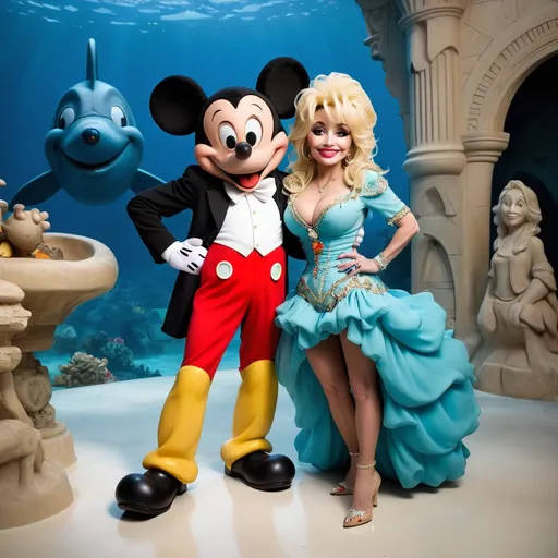 Prompt: dolly parton with Micky Mouse in atlantis