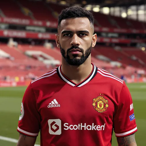Prompt: Matheus Cunha wearing Manchester United home kit 2024, realistic photo, Old Trafford background, high detail, hyper-realistic, 4K