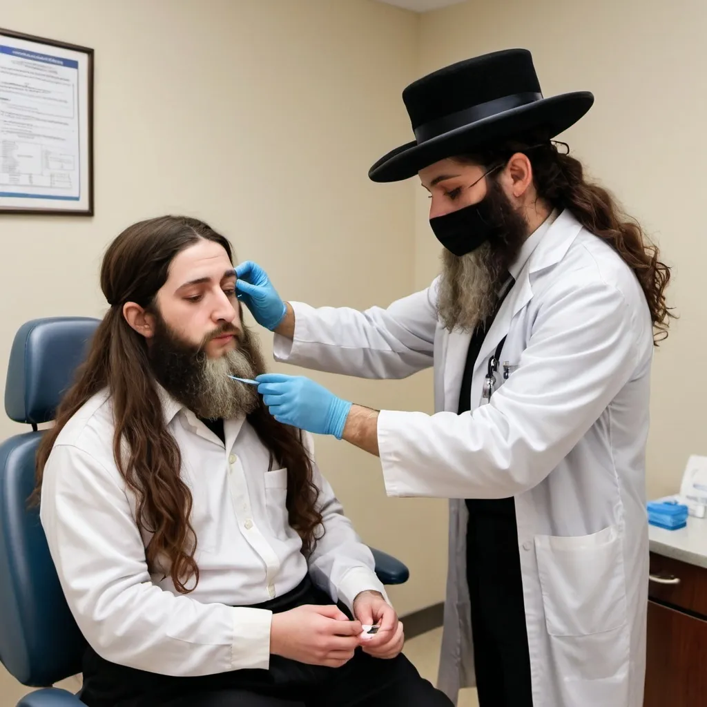 Prompt: A photo of a male hasidic jewish dwarf nurse administering a covid test to an aduly woman in a doctor's office. The woman should looks jewish and beautiful. She has brown wavy shoulder length hair and brown eyes. She is skinny. The dwarf is very short.