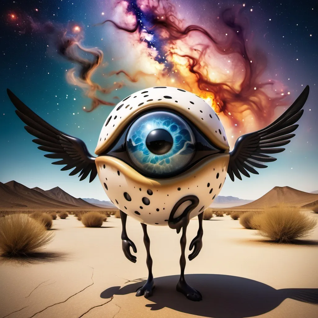 Prompt: Eyeball with wings character in a surreal Dali desert landscape with galaxies above. Gonzo style,Dali style, Ignite the surreal