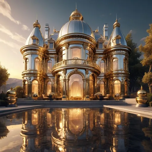 Prompt: A house made of silver and gold, opulent and grand, (highly reflective surfaces), metallic gleam, resplendent and luxe, warm golden lights, rich contrasts, extravagant details, shimmering metallic textures, aristocratic ambiance, surreal, fantastical landscape in the background, futuristic architecture elements, ultra-detailed, cinematic lighting, vibrant colors, 4K quality, masterpiece.