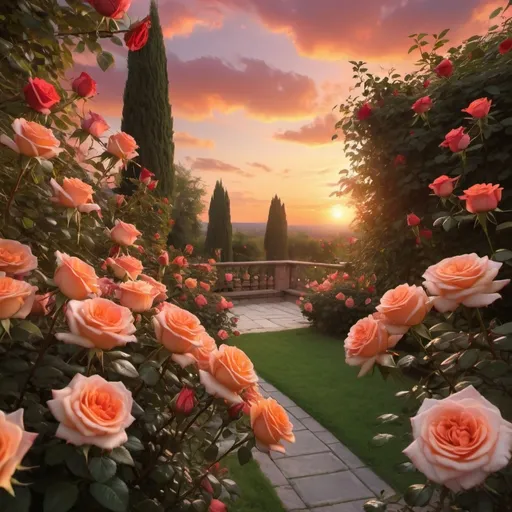 Prompt: Sunset with roses, vibrant warm tones, golden light, fiery oranges and reds, romantic atmosphere, dreamy and serene, ultra-detailed, 4K, lush garden filled with roses, gentle breeze causing petals to sway, vivid colors of the roses ranging from deep red to soft pink, golden sky transitioning to twilight, dramatic clouds, a tranquil setting, HD quality, masterfully captured scene, breathtaking scenery.