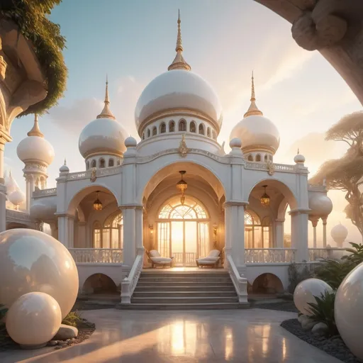 Prompt: (White jade house with domes and scarves), ethereal atmosphere, surreal style, luminous white and pale jade color palette, intricate detailing, elegant and graceful, setting sun casting a warm golden glow, mystic ambiance, surrounded by floating sheer scarves in various colors, cascading down from the domes, high dynamic range, cinematic quality, 4K ultra-detailed, exotic and enchanting setting, delicate textures, dreamy landscape in the background, serene feeling