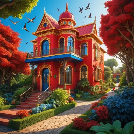 Prompt: (Red, blue and golden house), vibrant colors, high contrast tones, dramatic lighting, whimsical atmosphere, modern architecture, intricate details on walls and roof, lush green garden, detailed pathway, bright clear sky, birds flying in the background, ultra-detailed, 4K, beautifully designed landscape