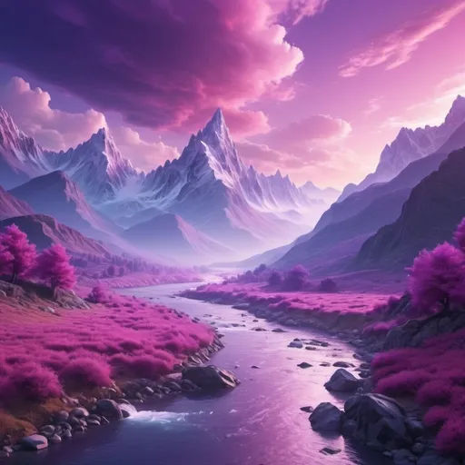 Prompt: Purple and pink sky, fluffy mountains, very beautiful rivers, heaven, serene and ethereal atmosphere, vibrant colors, high depth cinematic style, dreamy lighting, heavenly ambience, ultra-detailed, HD, magical aura, picturesque scenery, divine landscape, majestic environment, immersive view, enchanting background, high quality, 4K.