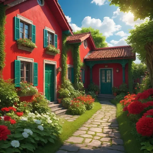 Prompt: (Red and green house), vibrant colors, dramatic highlight and shadow contrasts, cozy atmosphere, surrounded by lush greenery, blooming flowers, detailed garden path, blue sky with fluffy clouds in the background, textured walls with intricate details, calm and peaceful environment, warm lighting, HD, ultra-detailed, 4K