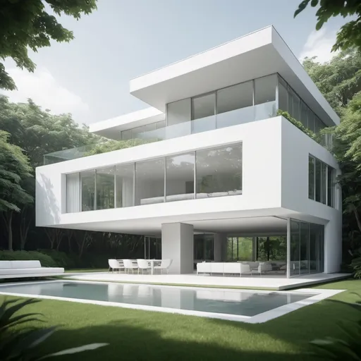 Prompt: (Silver and white house), sleek modern design, contemporary architecture, minimalist aesthetics, clean lines, reflective surfaces, large windows, open space concept, muted silver tones, crisp white accents, bright and subtle light, serene and peaceful atmosphere, surrounded by lush greenery, high depth cinematic quality, HD, ultra-detailed, elegant ambiance, high definition details, soft shadows