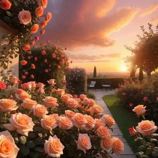 Prompt: Sunset with roses, vibrant warm tones, golden light, fiery oranges and reds, romantic atmosphere, dreamy and serene, ultra-detailed, 4K, lush garden filled with roses, gentle breeze causing petals to sway, vivid colors of the roses ranging from deep red to soft pink, golden sky transitioning to twilight, dramatic clouds, a tranquil setting, HD quality, masterfully captured scene, breathtaking scenery.